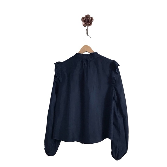 Evereve Medium Navy Thea Washed Satin Ruffle Button Down Shirt Capsule - Picture 3 of 8